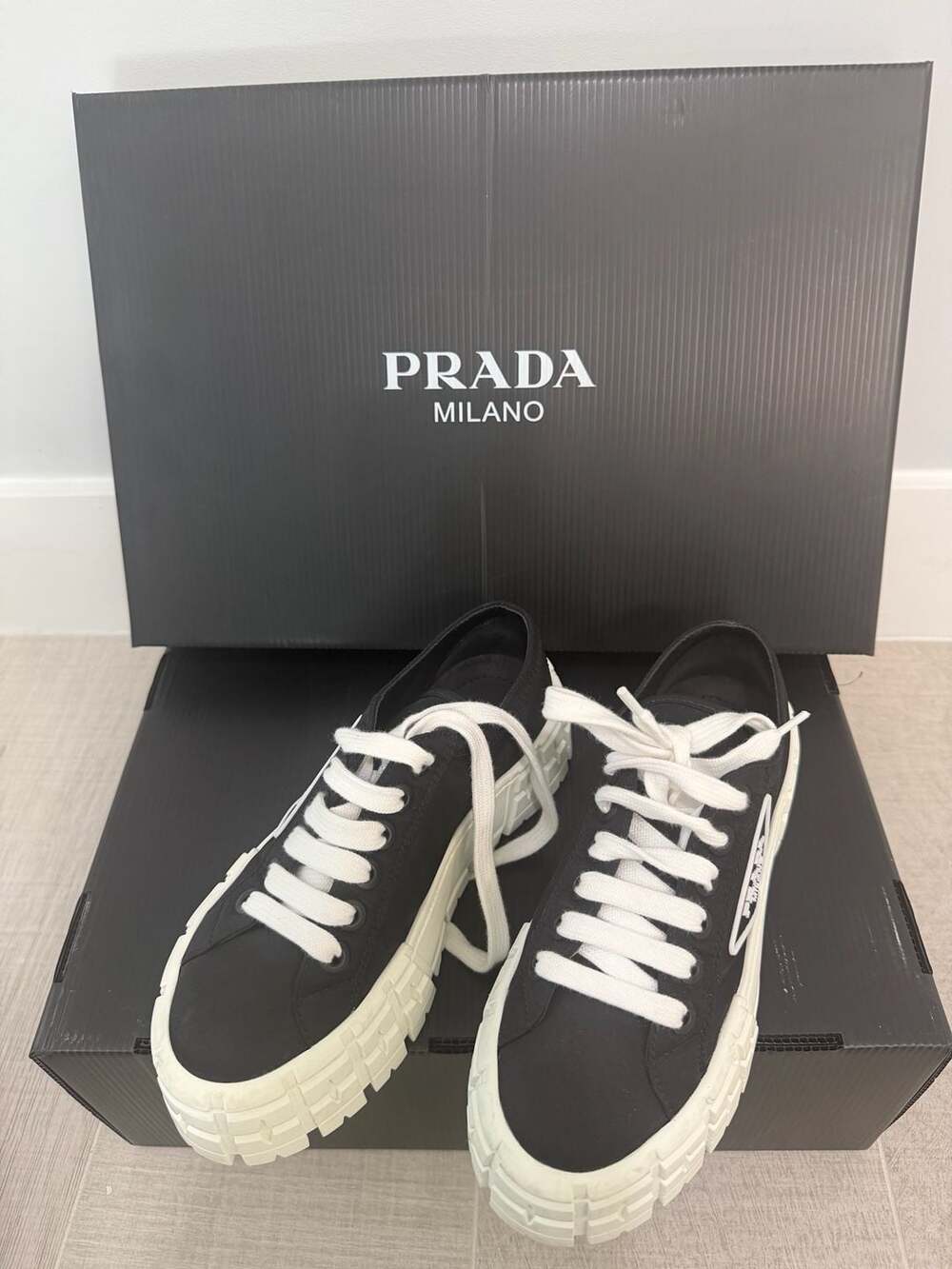 Prada Double Wheel Nylon Gabardine Low-Top Sneakers Black White - Picture 3 of 14